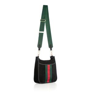 Blakely Vegan Suede Pebble Grain Crossbody Bag in Noir with Contrasting Stripes